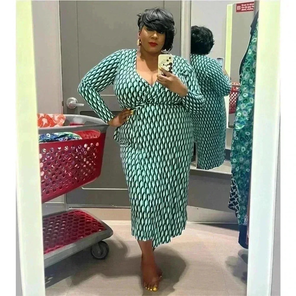 NWT Women's Long Sleeve Midi Arrow Geo Green Wrap Dress - DVF for Target XXL - Picture 2 of 6